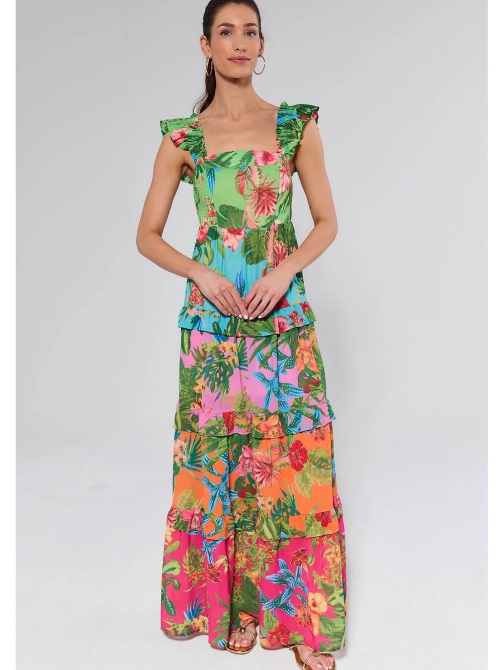 Avara Ivy Dress- Tropical Tiered Maxi Dress - Green Floral - XXL